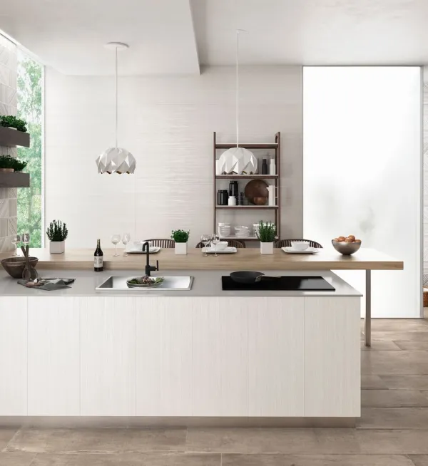 Cocina con azulejos efecto cemento en tonos neutros, colección Indiga lines de Durstone