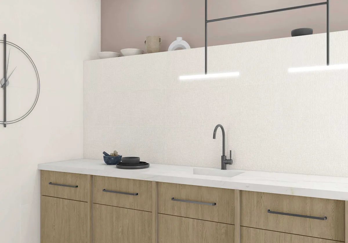 Cocina con azulejos efecto cemento, colección Lema de TAU ceràmica