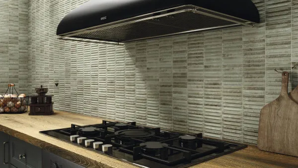Cocina con azulejos efecto cemento, colección Moonstone de Ape