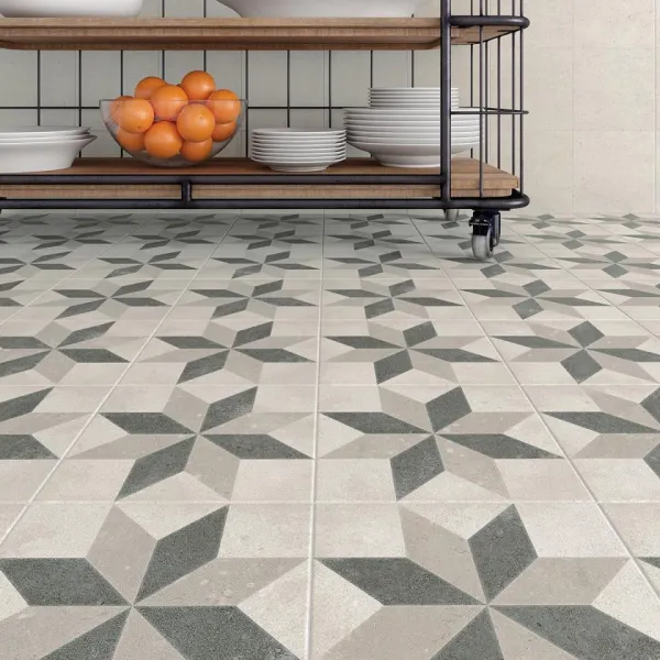 Cocina con azulejos efecto cemento en tonos neutros, colección Nassau de Vives