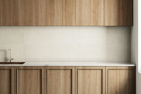 Cocina con azulejos efecto cemento en tonos cálidos, colección Newclay - story de Argenta
