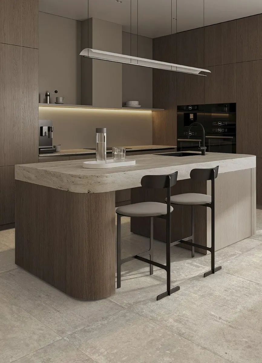 Cocina con azulejos efecto cemento en tonos cálidos, colección Noho de Aparici