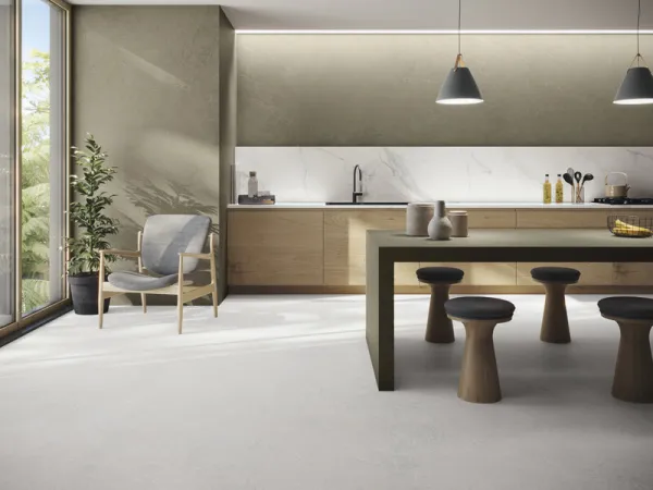Cocina con azulejos efecto cemento en tonos neutros, colección Norwich de Cifre