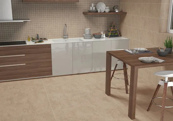 Cocina con azulejos efecto cemento en tonos cálidos, colección Norwich de Ecoceramic