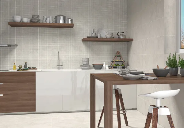 Cocina con azulejos efecto cemento en tonos neutros, colección Norwich de Ecoceramic