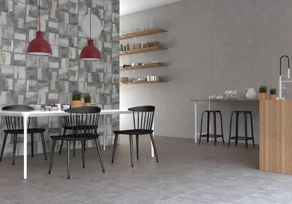 Cocina con azulejos efecto cemento en tonos neutros, colección Norwich de Ecoceramic