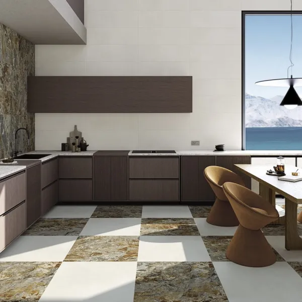 Cocina con azulejos efecto cemento, colección Nuages de Vives