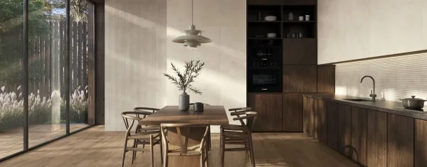 Cocina con azulejos efecto cemento en tonos cálidos, colección Omni de Peronda
