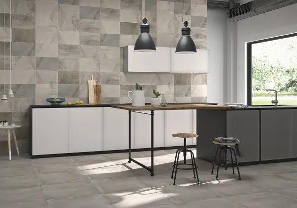 Cocina con azulejos efecto cemento en tonos neutros, colección Powder - dust de Argenta