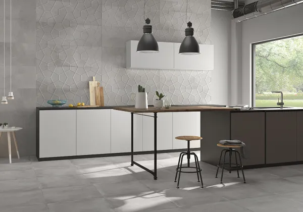 Cocina con azulejos efecto cemento en tonos neutros, colección Powder - dust de Argenta
