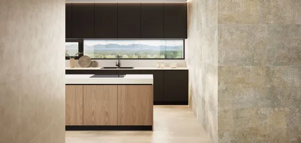 Cocina con azulejos efecto cemento en tonos cálidos, colección Q city de Durstone