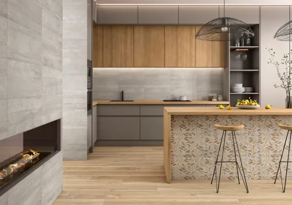 Cocina con azulejos efecto cemento en tonos cálidos, colección Ragnar de Colorker