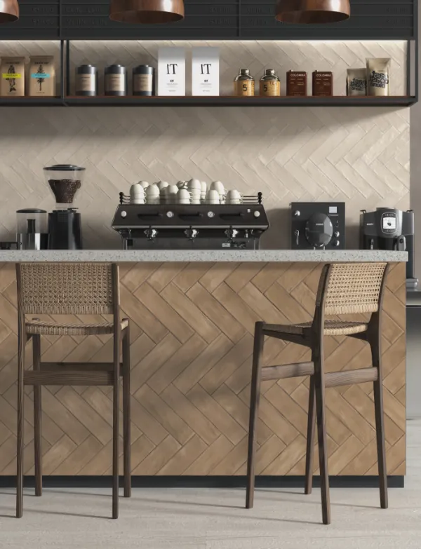 Cocina con azulejos efecto cemento en tonos cálidos, colección Riad de Dune