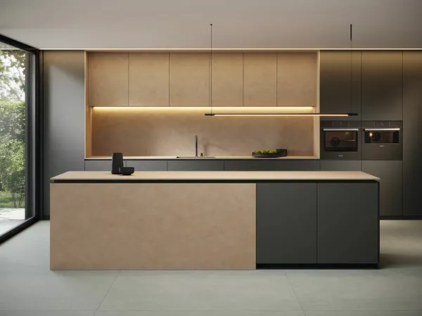 Cocina con azulejos efecto cemento, colección Surface de Grespania