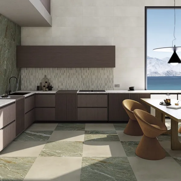 Cocina con azulejos efecto cemento, colección Tandem de Vives