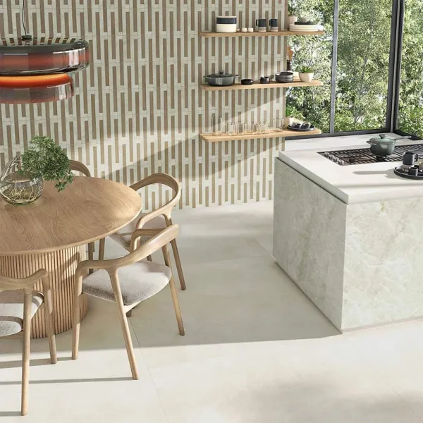Cocina con azulejos efecto cemento, colección Tandem de Vives