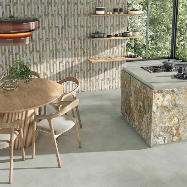 Cocina con azulejos efecto cemento, colección Tandem de Vives