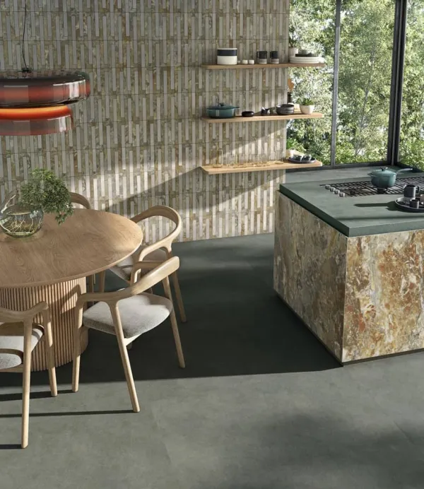 Cocina con azulejos efecto cemento, colección Tandem de Vives