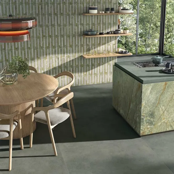 Cocina con azulejos efecto cemento, colección Tandem de Vives