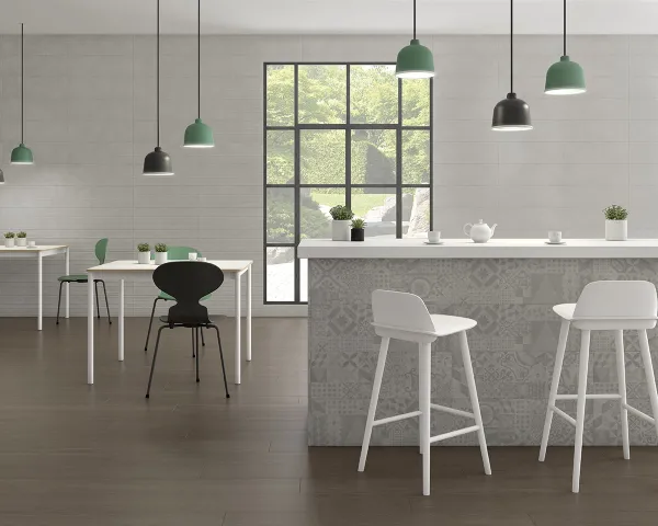 Cocina con azulejos efecto cemento en tonos neutros, colección Tanum - musson de Argenta