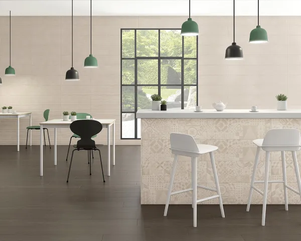Cocina con azulejos efecto cemento en tonos cálidos, colección Tanum - musson de Argenta