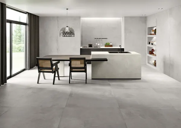 Cocina con azulejos efecto cemento en tonos neutros, colección Tool de Margres