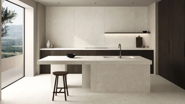 Cocina con azulejos efecto cemento, colección Trace de Argenta