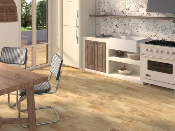 Cocina con azulejos efecto cemento en tonos cálidos, colección Xabia de Dune