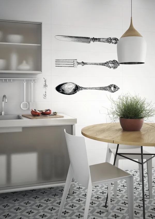 Cocina con azulejos efecto hidráulico en tonos neutros, colección 1900 de Vives