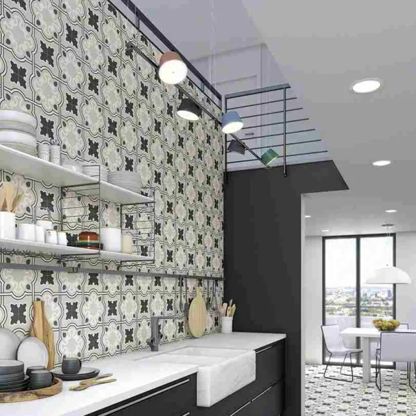 Cocina con azulejos efecto hidráulico en tonos neutros, colección Alameda de Vives