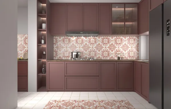 Cocina con azulejos efecto hidráulico en tonos cálidos, colección Antiga de Dune