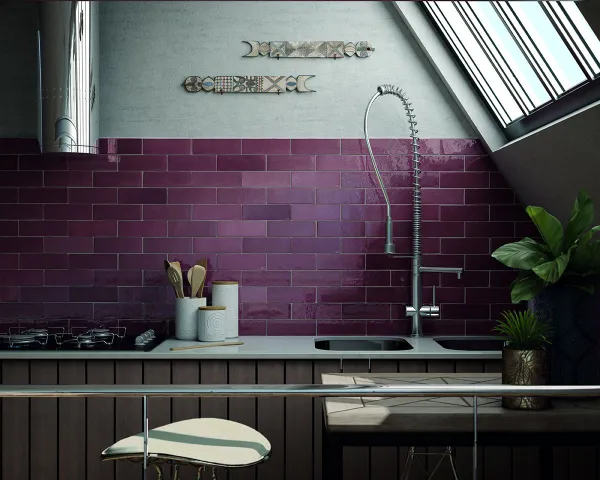 Cocina con azulejos efecto hidráulico en tonos fríos, colección Artisan de Equipe