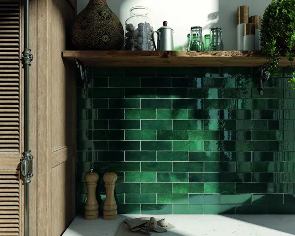Cocina con azulejos efecto hidráulico en tonos fríos, colección Artisan de Equipe