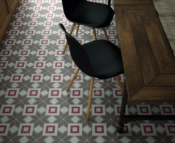 Cocina con azulejos efecto hidráulico en tonos neutros, colección Caprice de Equipe
