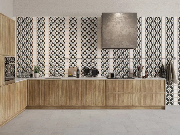 Cocina con azulejos efecto hidráulico en tonos cálidos, colección Casablanca de Harmony