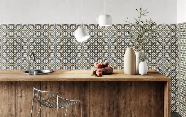 Cocina con azulejos efecto hidráulico, colección Casablanca de Harmony
