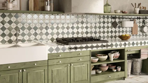 Cocina con azulejos efecto hidráulico, colección Fs arles de Peronda