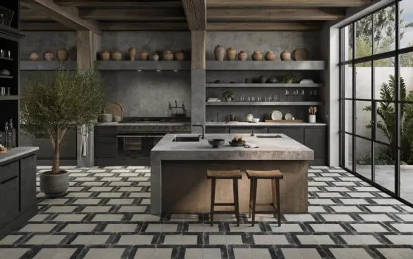 Cocina con azulejos efecto hidráulico en tonos neutros, colección Fs brush de Peronda