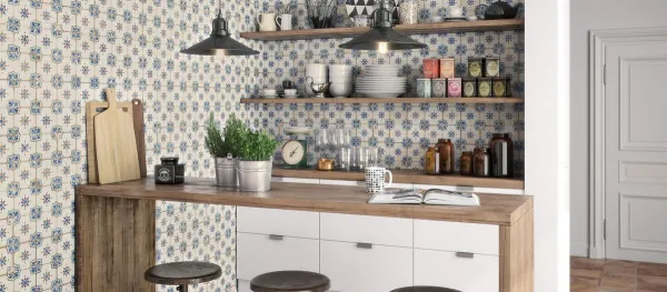 Cocina con azulejos efecto hidráulico, colección Fs mirambel de Peronda