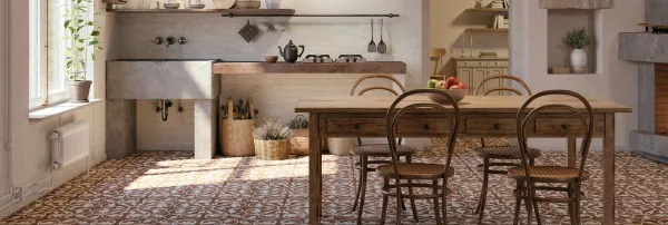 Cocina con azulejos efecto hidráulico en tonos cálidos, colección Fs nouveau de Peronda