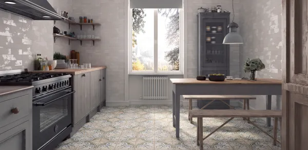 Cocina con azulejos efecto hidráulico, colección Fs porto de Peronda