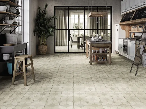 Cocina con azulejos efecto hidráulico en tonos neutros, colección Fs star de Peronda