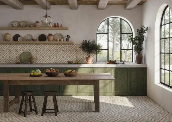 Cocina con azulejos efecto hidráulico en tonos cálidos, colección Fs valentia de Peronda