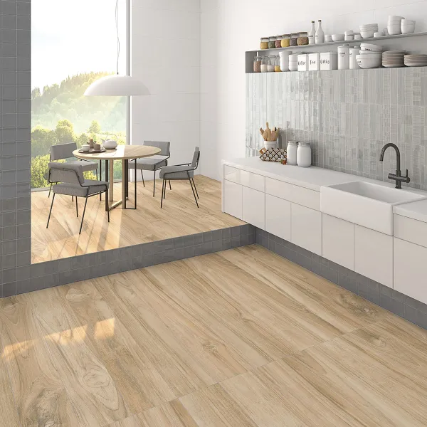 Cocina con azulejos efecto hidráulico en tonos cálidos, colección Hanami de Vives