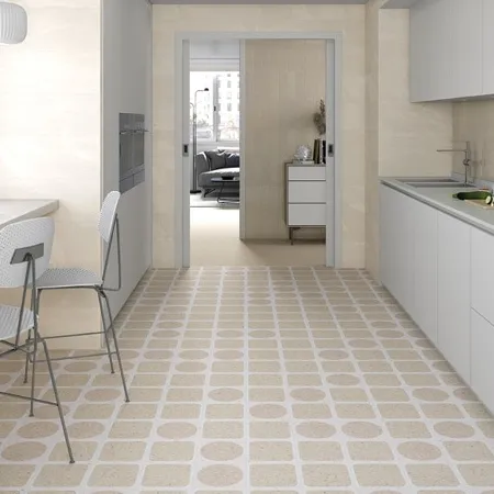 Cocina con azulejos efecto hidráulico, colección Javea de Vives