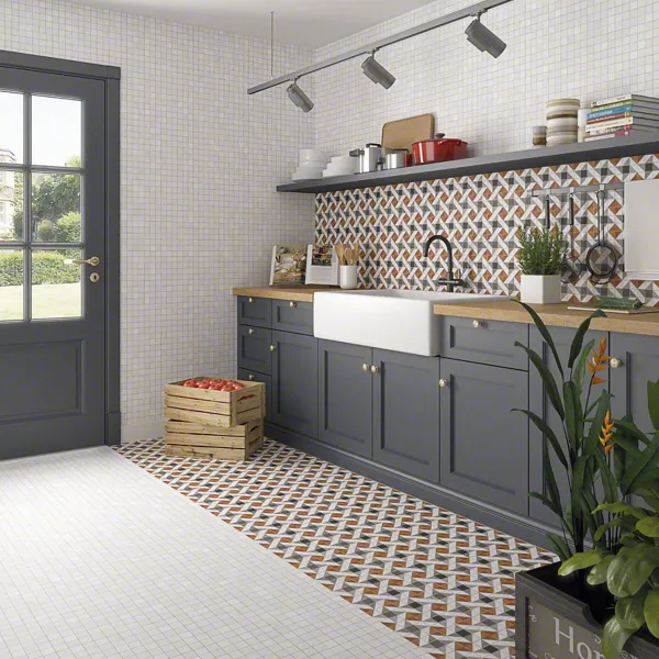 Cocina con azulejos efecto hidráulico, colección Les points de seine de Vives