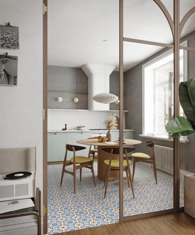 Cocina con azulejos efecto hidráulico, colección Musa de Gaya Fores