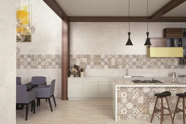 Cocina con azulejos efecto hidráulico en tonos cálidos, colección Neolitick de Colorker