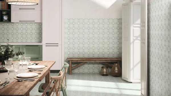 Cocina con azulejos efecto hidráulico, colección Siena de Ape