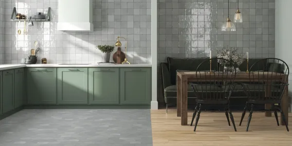 Cocina con azulejos efecto hidráulico en tonos neutros, colección Souk de Ape